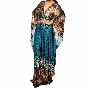 Bsubseach Women Print Kaftan Beach Dress Swimsuit Coverup Blue Coffee Leopard